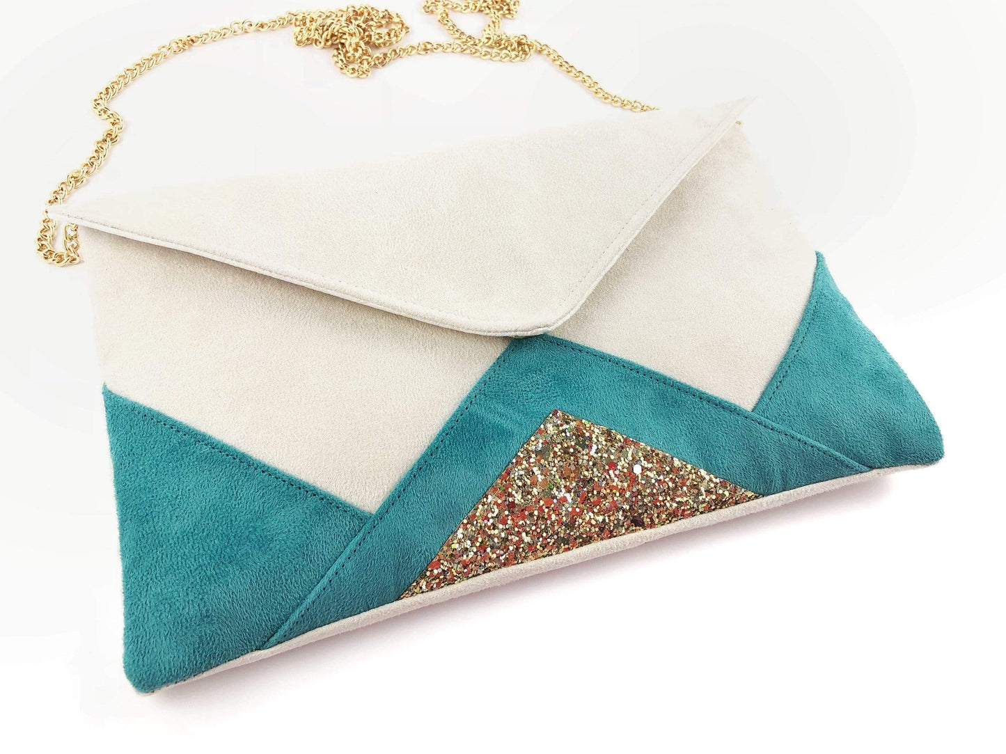Fil des toiles Pochette Sac pochette de soirée écru et vert lagon et paillettes dorées