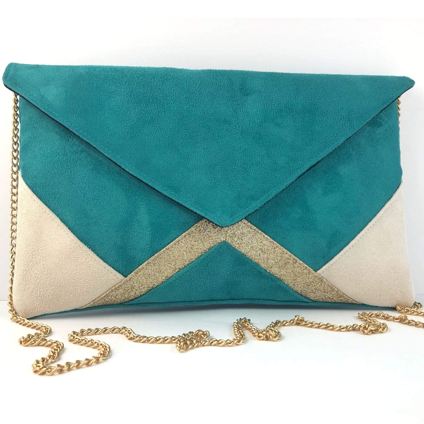 Fil des toiles Pochette Sac pochette de soirée écru et vert lagon et paillettes dorées avec chaîne