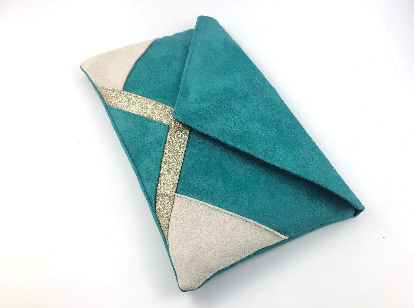 Fil des toiles Pochette Sac pochette de soirée écru et vert lagon et paillettes dorées avec chaîne