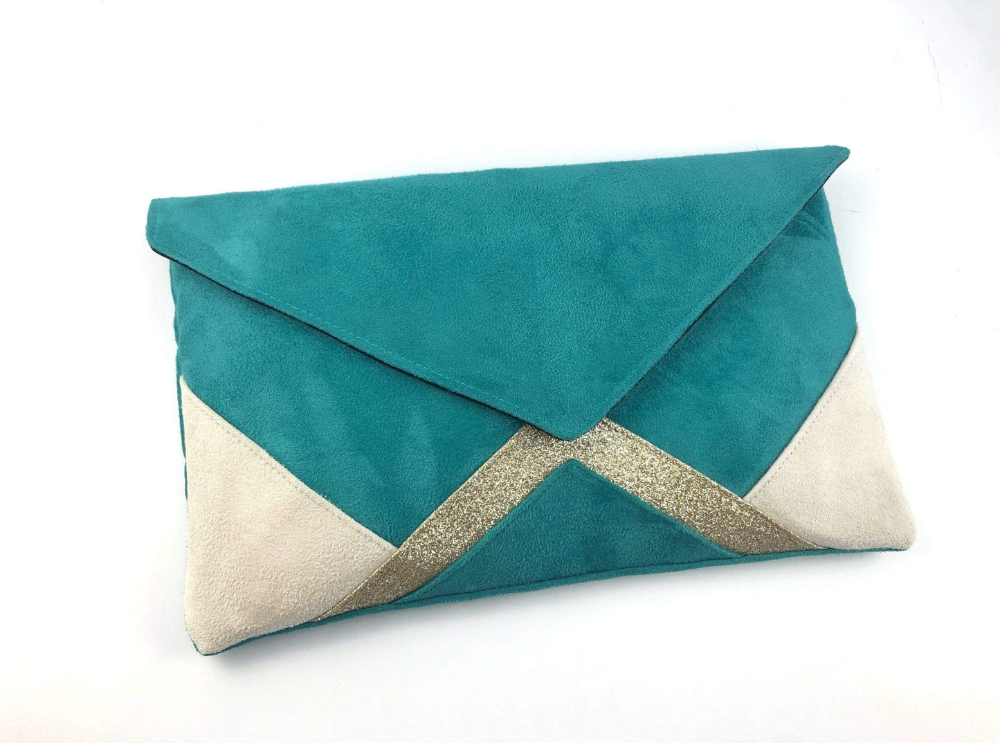 Fil des toiles Pochette Sac pochette de soirée écru et vert lagon et paillettes dorées avec chaîne