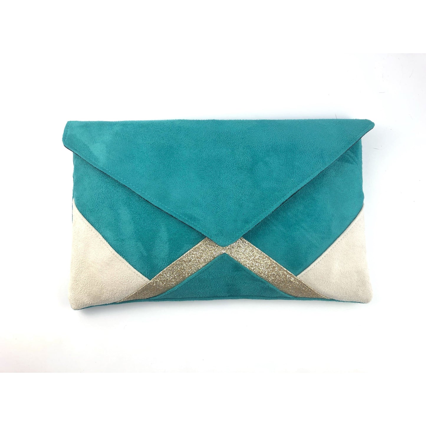 Fil des toiles Pochette Sac pochette de soirée écru et vert lagon et paillettes dorées avec chaîne