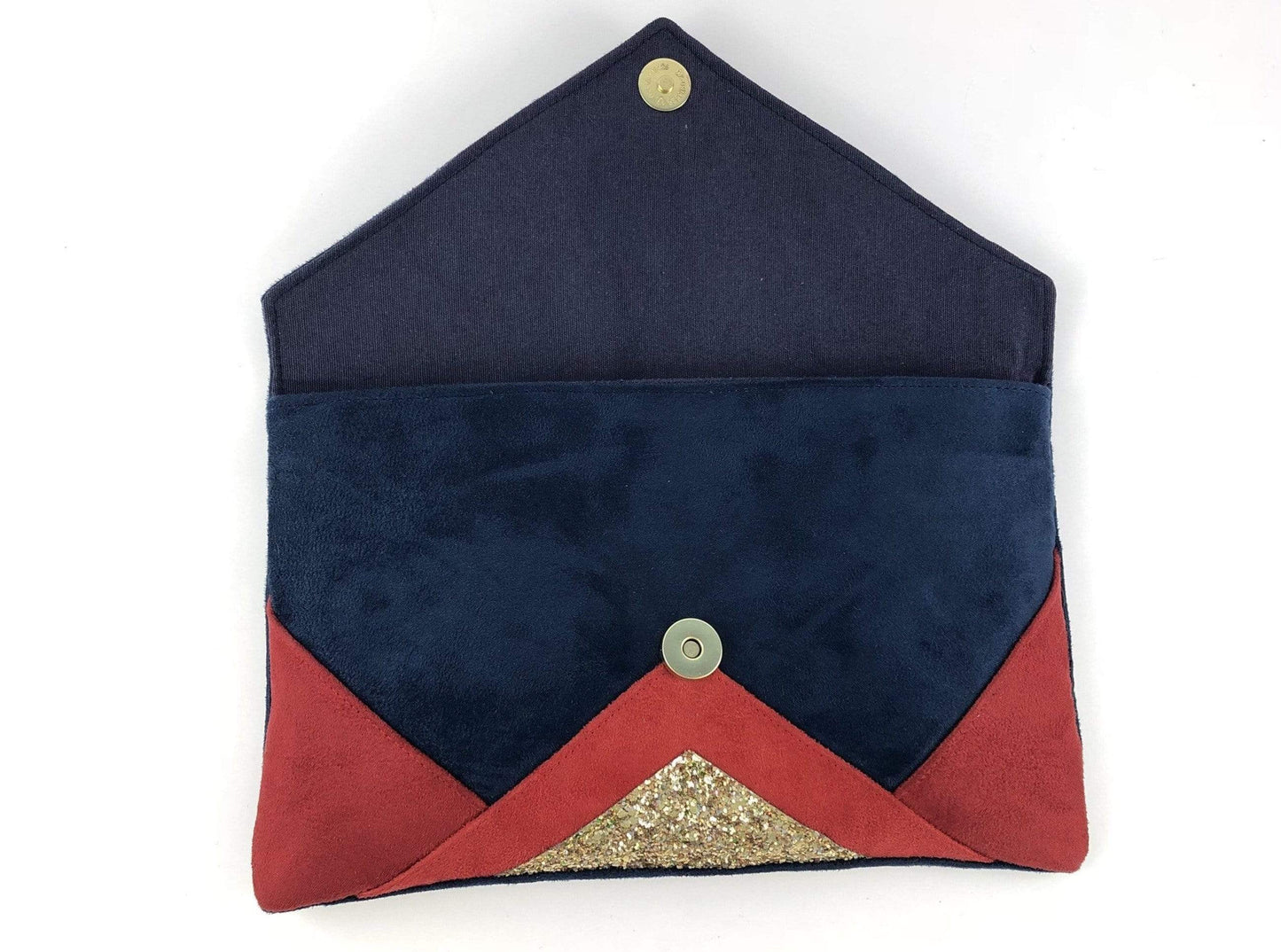 Fil des toiles Pochette Sac pochette de soirée mariage bleu marine et rouge et paillettes dorées