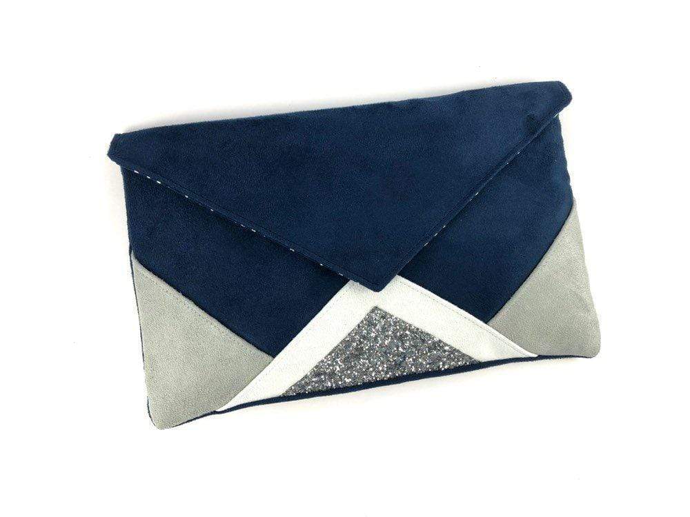 Fil des toiles Pochette Sac pochette de soirée mariage bleu marine , gris et blanc, paillettes argentées