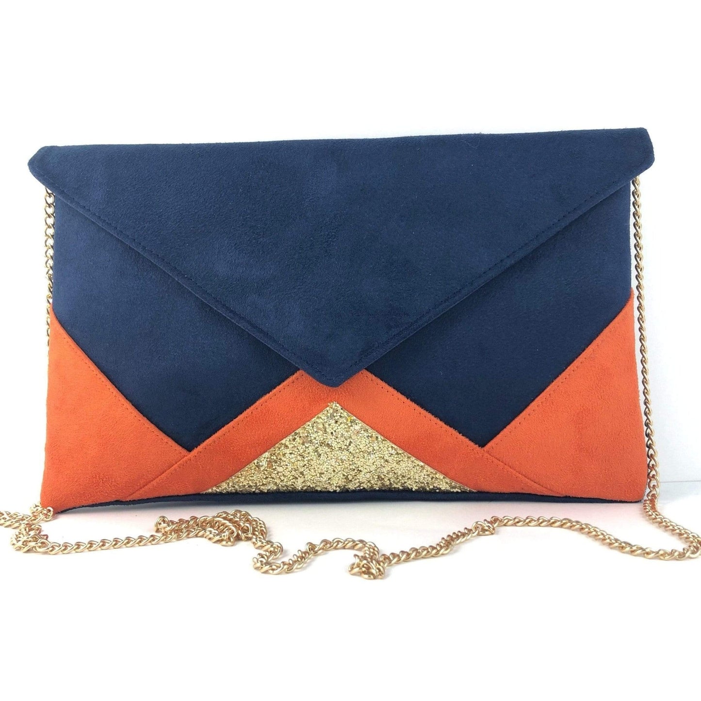 Fil des toiles Pochette Sac pochette de soirée mariage bleu marine, orange et paillettes dorées