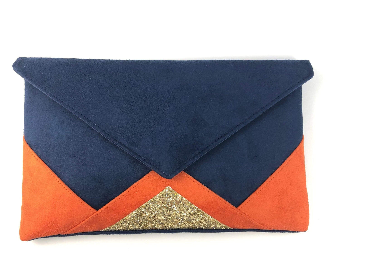 Fil des toiles Pochette Sac pochette de soirée mariage bleu marine, orange et paillettes dorées