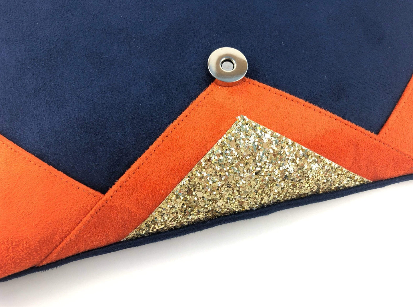 Fil des toiles Pochette Sac pochette de soirée mariage bleu marine, orange et paillettes dorées