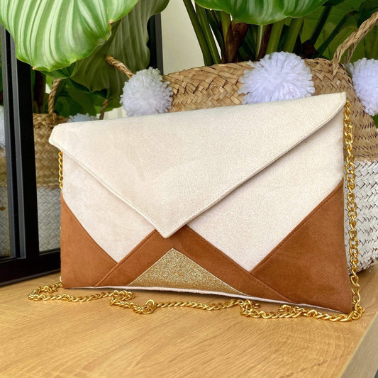 Fil des toiles Pochette Sac pochette de soirée mariage écru, camel et dorée avec chaîne