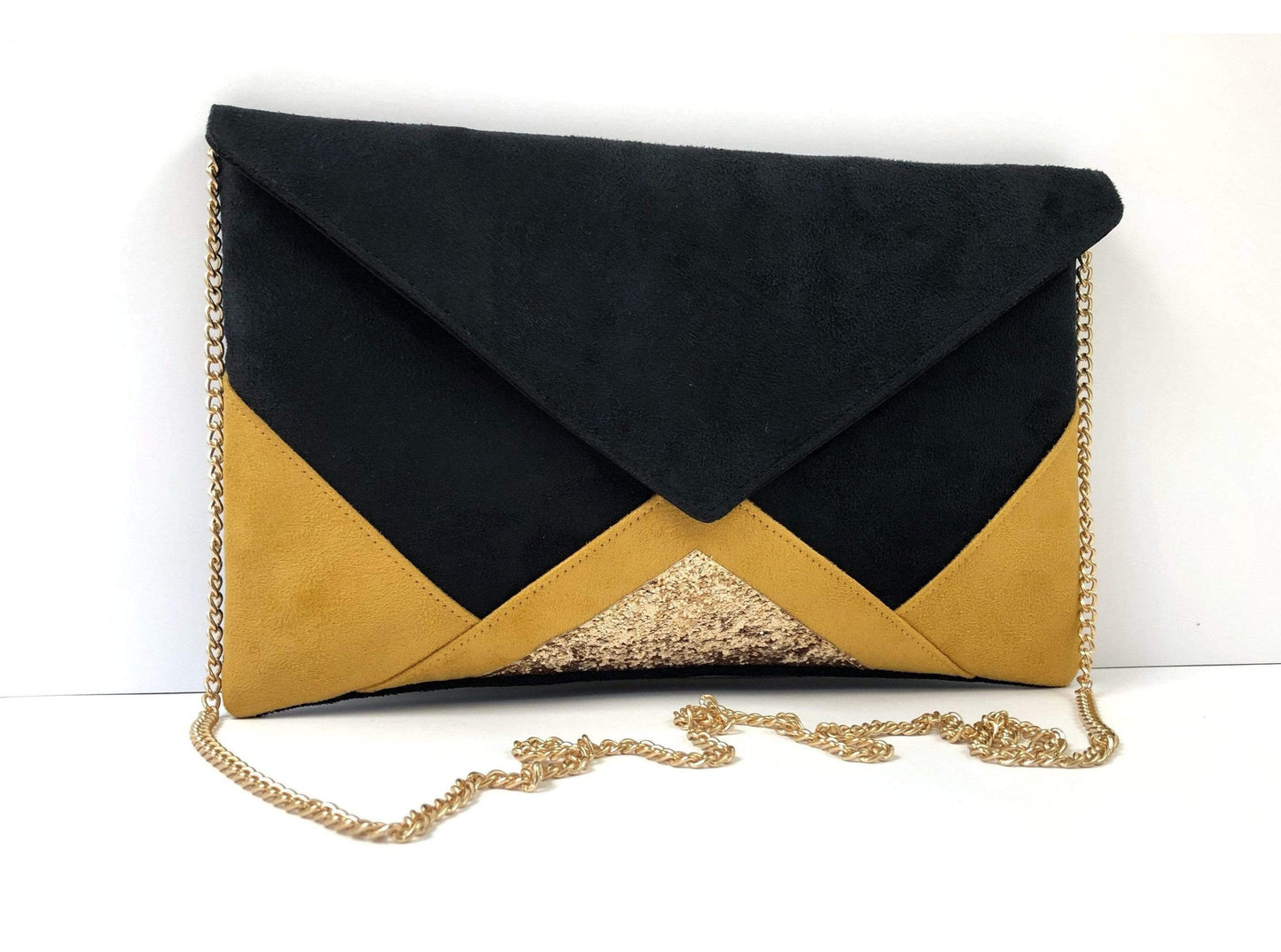 Fil des toiles Pochette Sac pochette de soirée noir et jaune moutarde avec chaîne