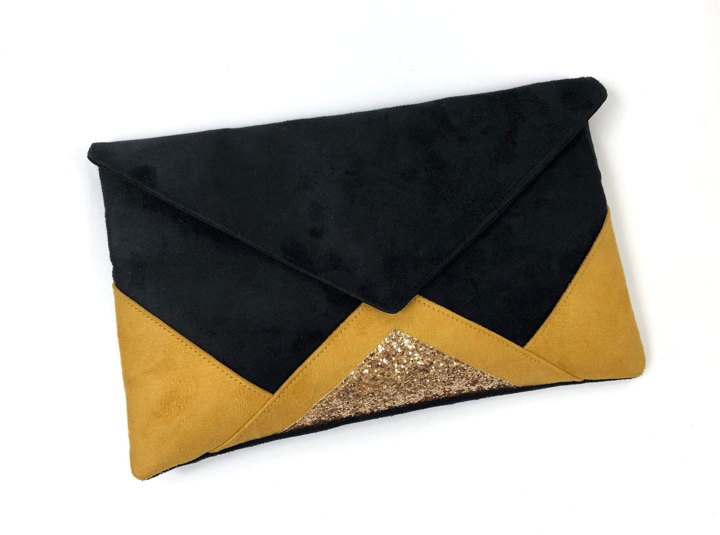 Fil des toiles Pochette Sac pochette de soirée noir et jaune moutarde avec chaîne