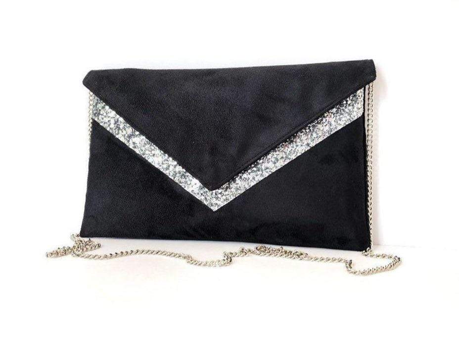 Fil des toiles Pochette Sac pochette de soirée noire en suédine et paillettes argentées