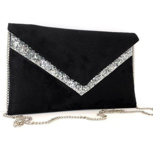 Fil des toiles Pochette Sac pochette de soirée noire en suédine et paillettes argentées