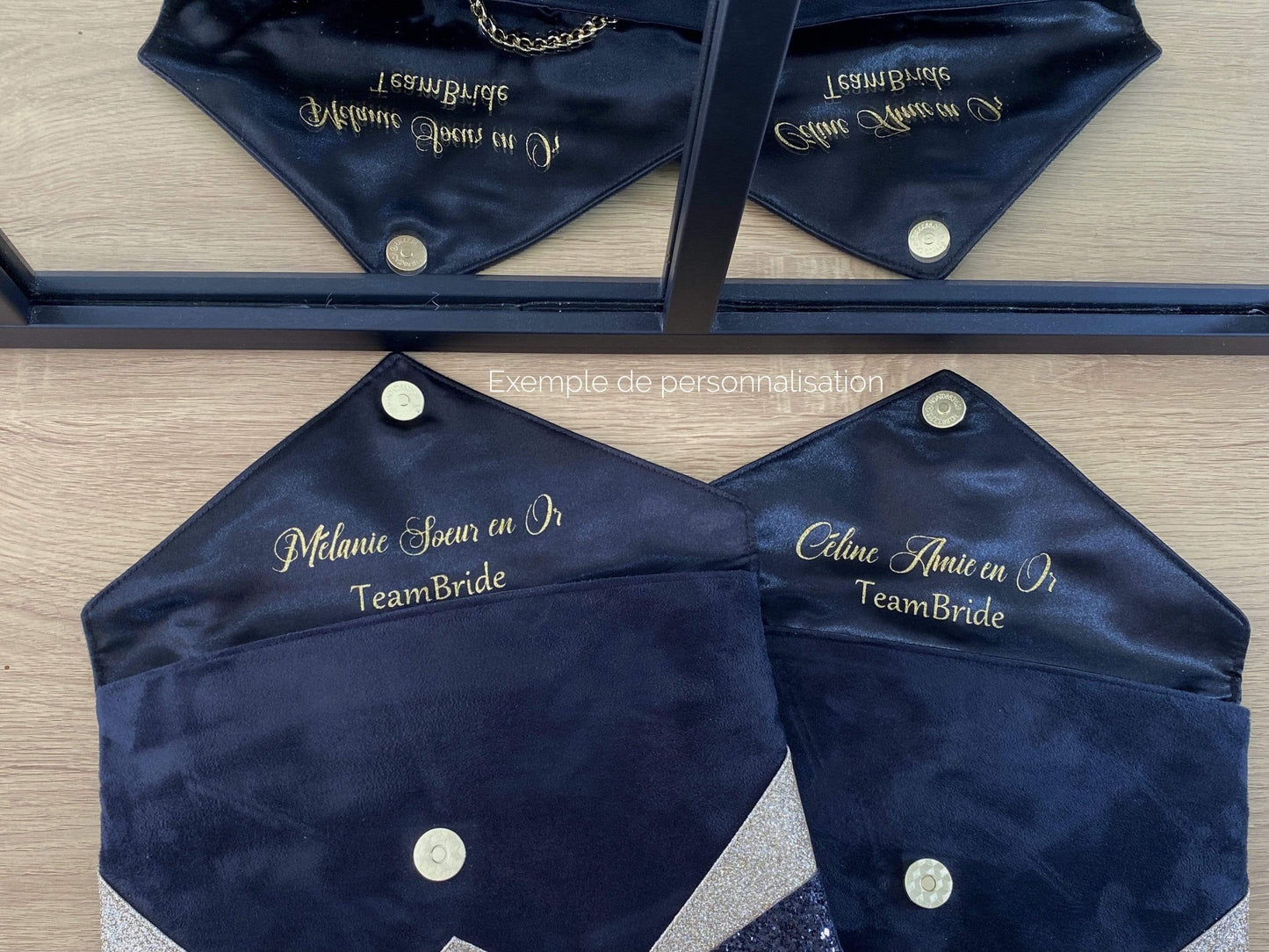 Fil des toiles Pochette Sac pochette de soirée noire et paillettes dorées avec chaîne