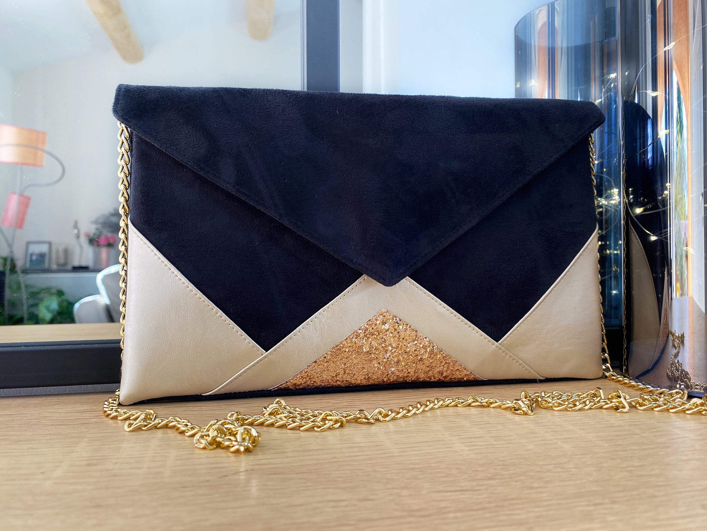 Fil des toiles Pochette Sac pochette de soirée noire et paillettes dorées personnalisée