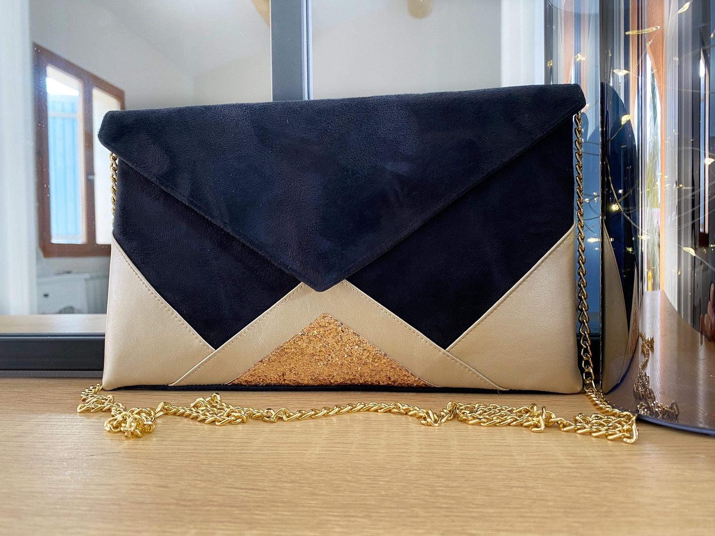 Fil des toiles Pochette Sac pochette de soirée noire et paillettes dorées personnalisée