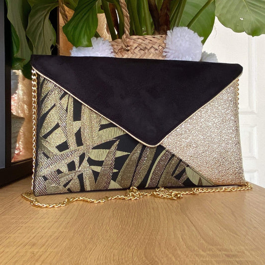 Fil des toiles Pochette Sac pochette femme noir et dorée motif tropical