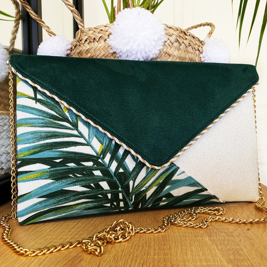 Fil des toiles Pochette Sac pochette mariage blanche et verte pour mariage thème tropical chic - fil des toiles