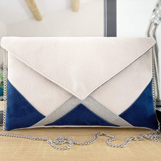 Fil des toiles Pochette Sac pochette mariage bleu marine, écru et fines paillettes argentées avec chaîne