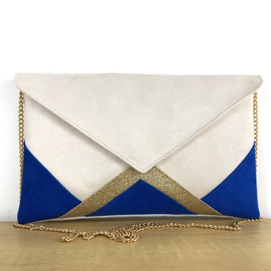 Fil des toiles Pochette Sac pochette mariage bleu roi, écru et fines paillettes dorées avec chaîne