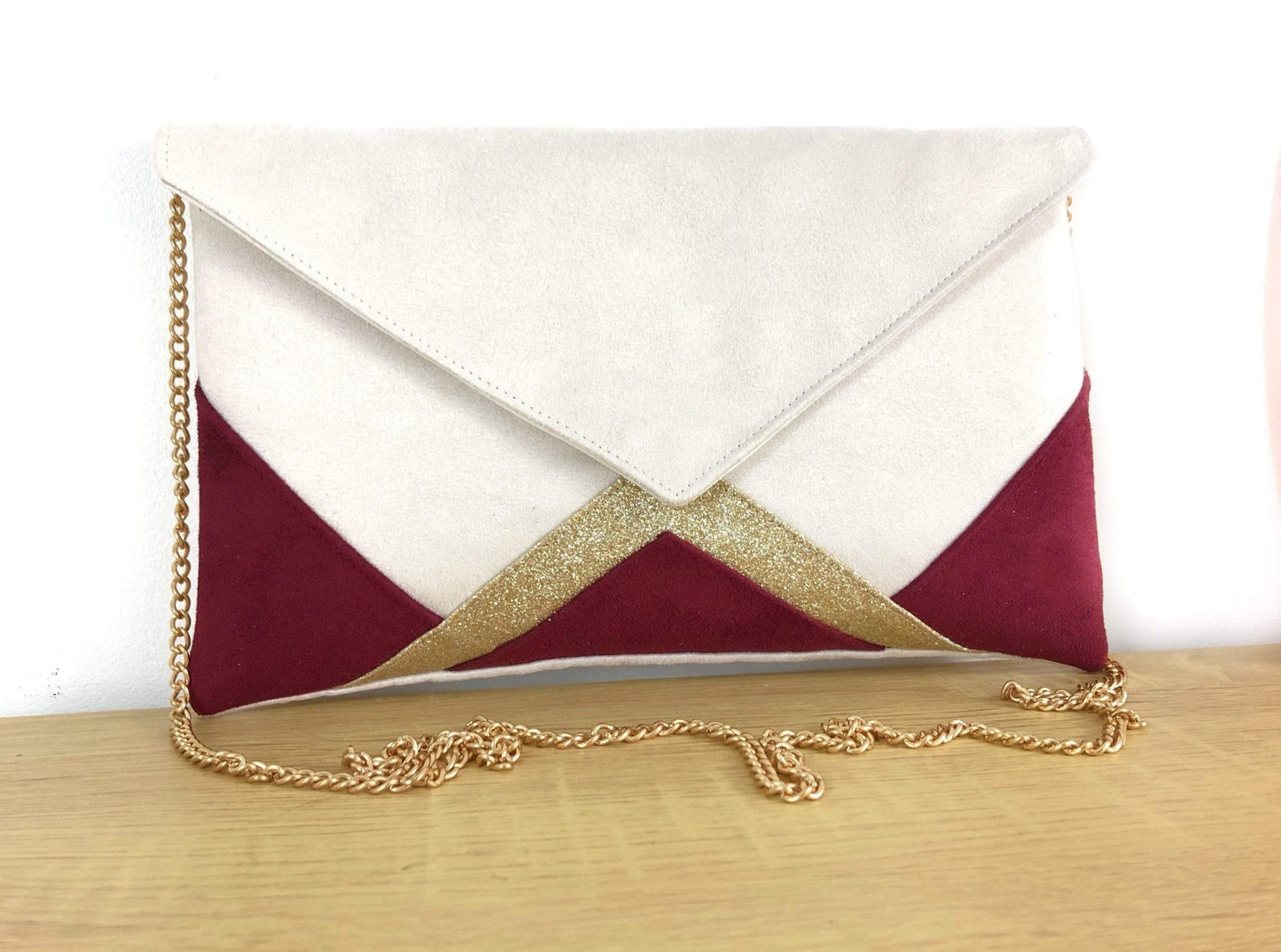 Fil des toiles Pochette Sac pochette mariage écru, bordeaux et paillettes dorées