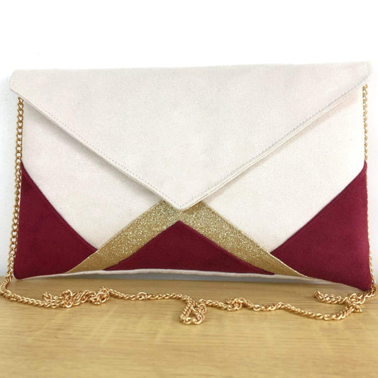 Fil des toiles Pochette Sac pochette mariage écru, bordeaux et paillettes dorées