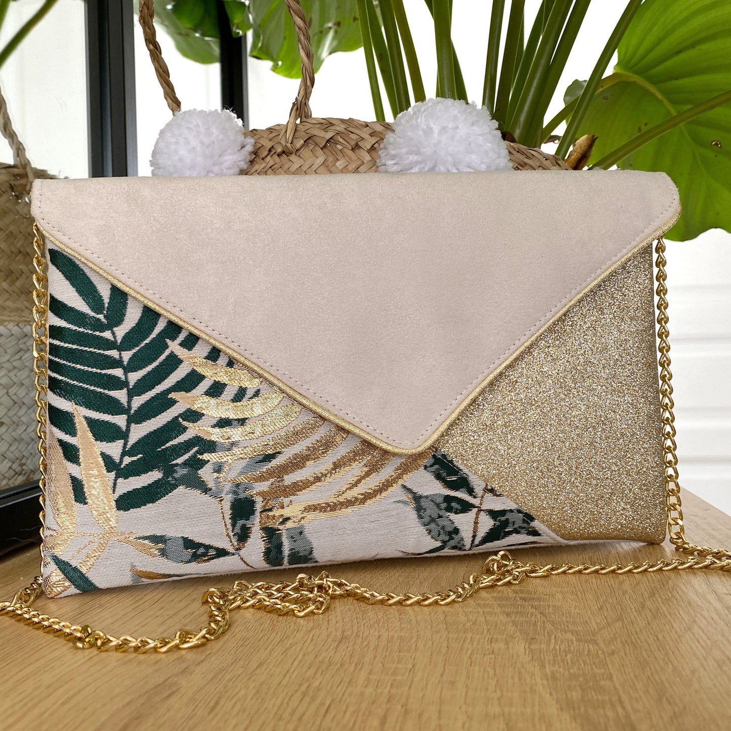 Fil des toiles Pochette Sac pochette mariage écru, motif tropical