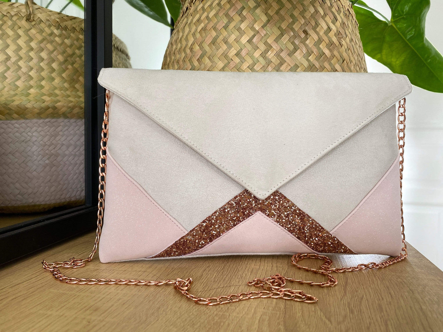 Fil des toiles Pochette Sac pochette mariage écru, rose poudré et paillettes rose gold