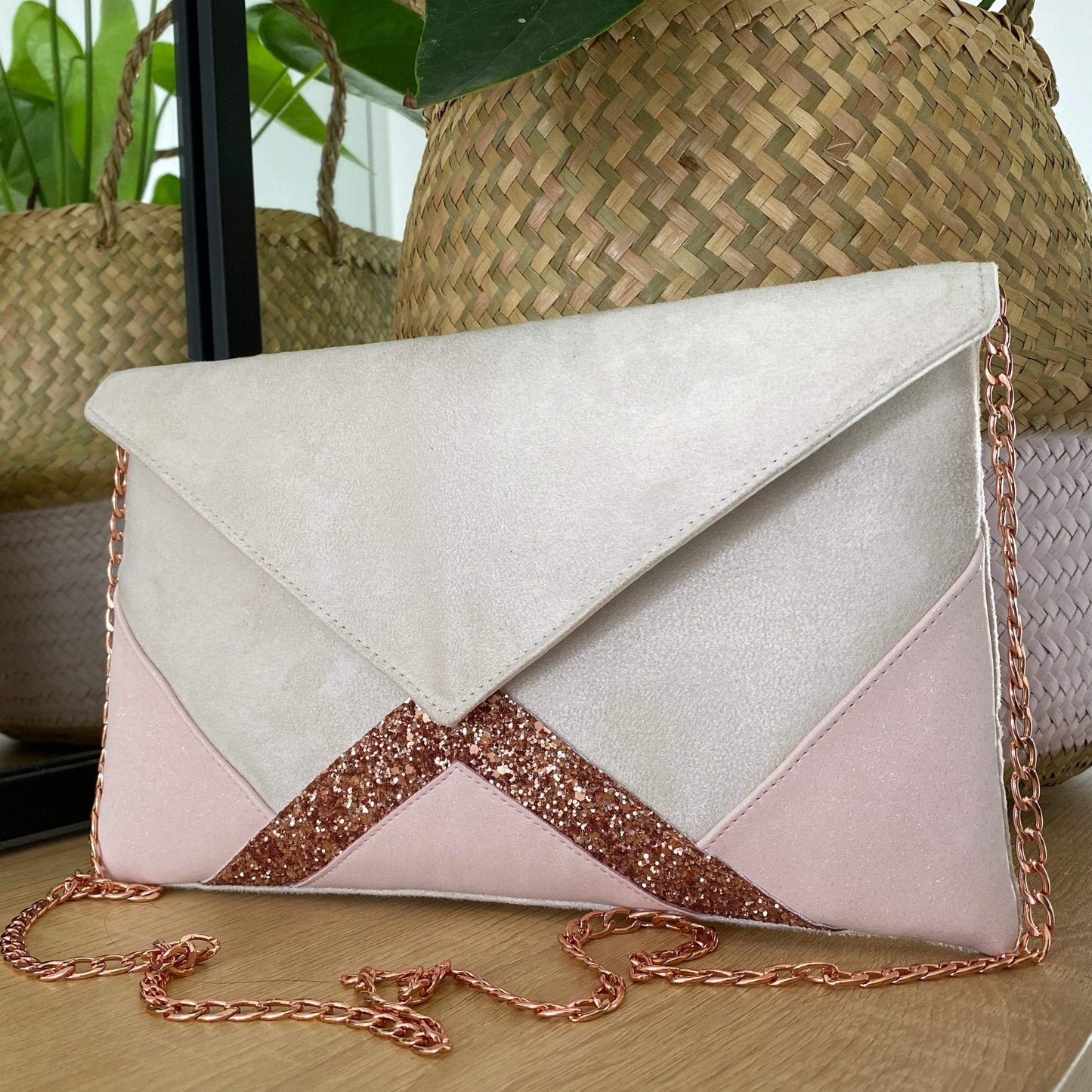Fil des toiles Pochette Sac pochette mariage écru, rose poudré et paillettes rose gold