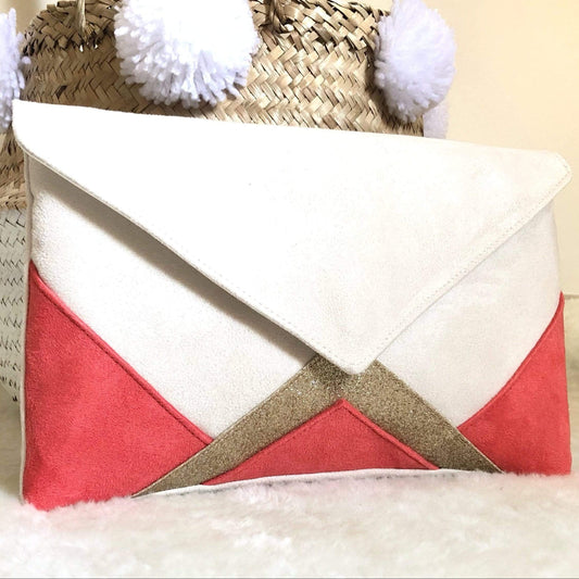 fil des toiles pochette Sac pochette mariage écru rouge corail et paillettes dorées avec chaîne