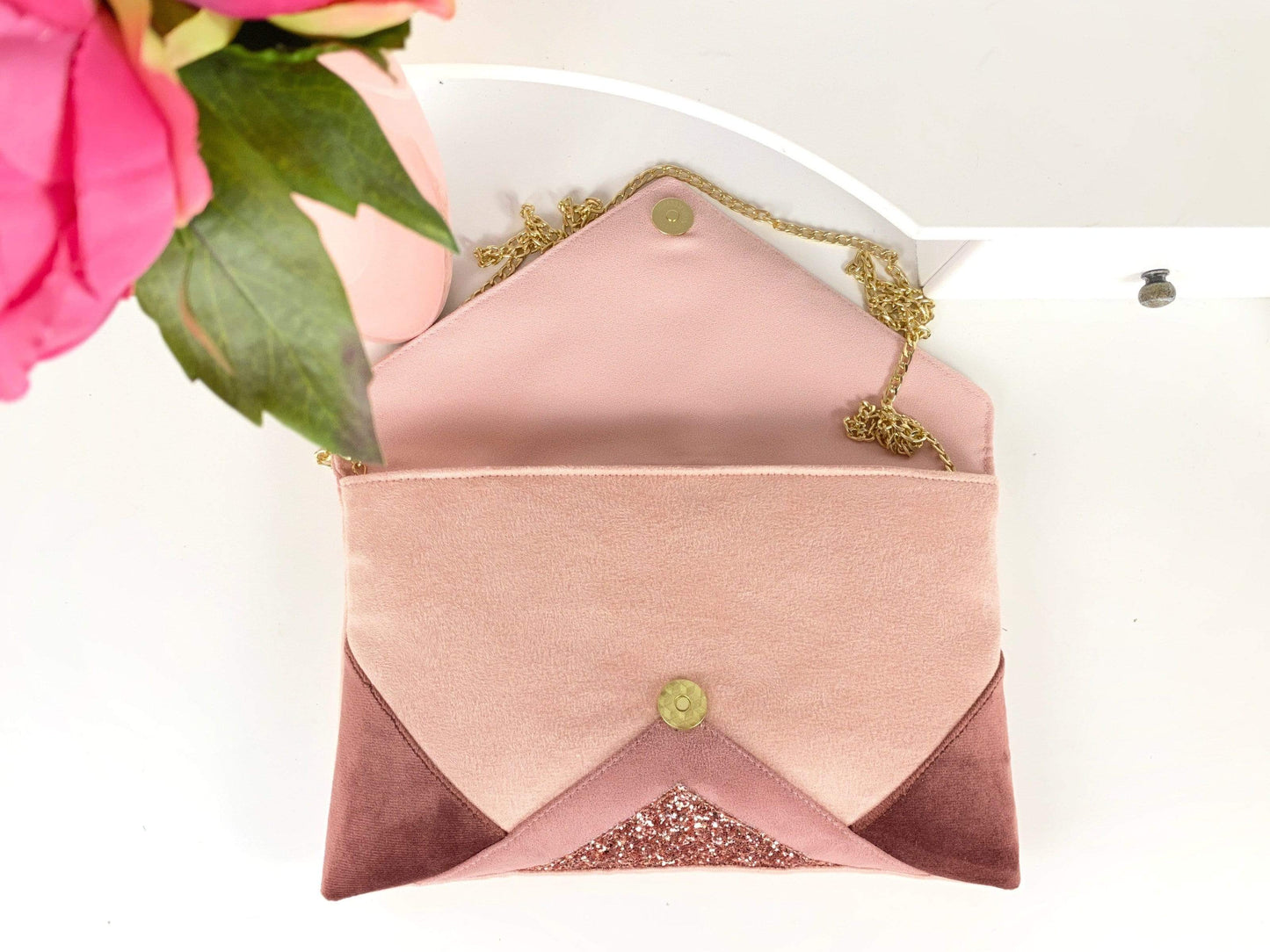 Fil des toiles Pochette Sac pochette mariage rose pâle, vieux rose et paillettes rose gold