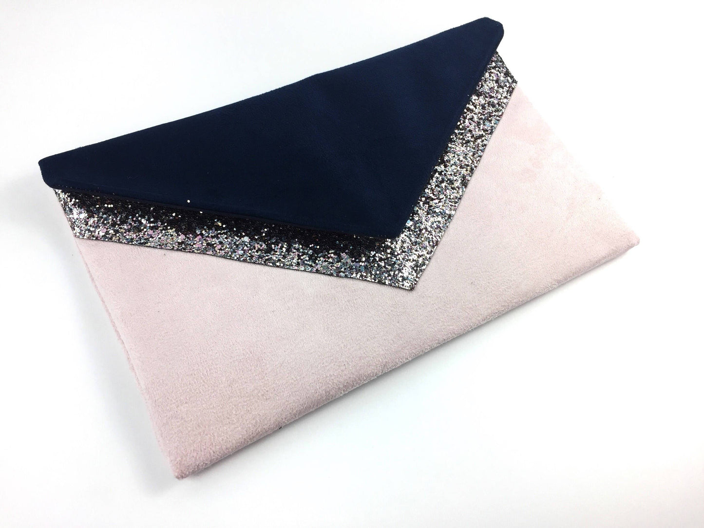 Fil des toiles Pochette Sac pochette mariage rose poudré bleu marine paillettes rose argentées