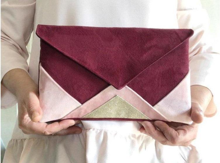 Fil des toiles Pochette Sac pochette pour femme bordeaux et rose clair et paillettes dorées