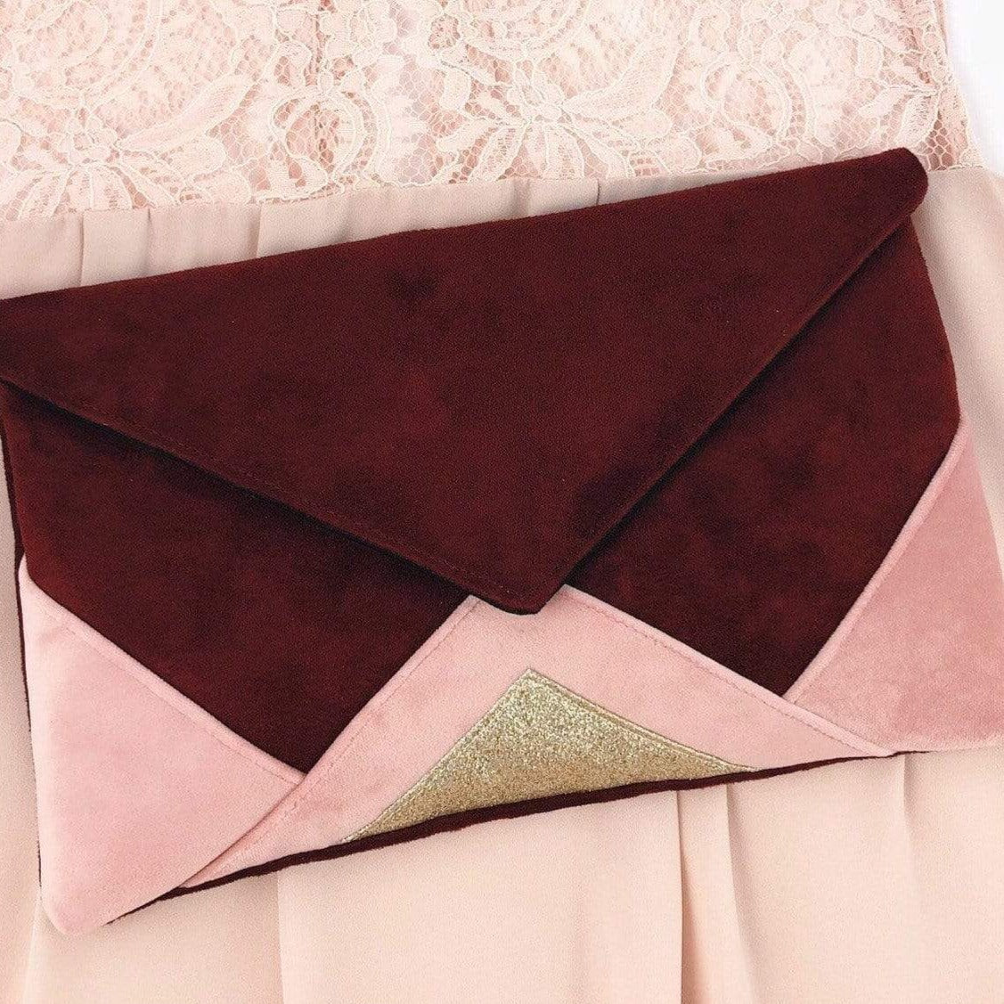 Fil des toiles Pochette Sac pochette pour femme bordeaux et rose clair et paillettes dorées