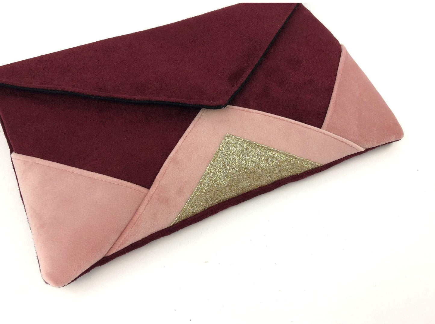 Fil des toiles Pochette Sac pochette pour femme bordeaux et rose clair et paillettes dorées