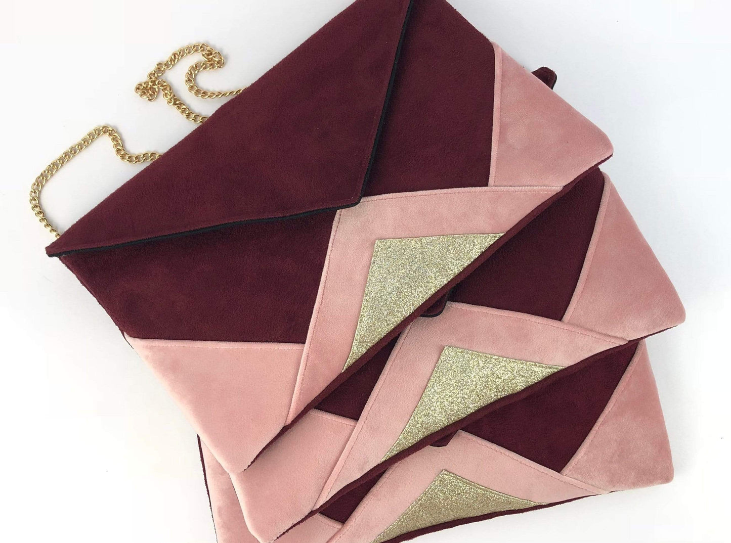 Fil des toiles Pochette Sac pochette pour femme bordeaux et rose clair et paillettes dorées
