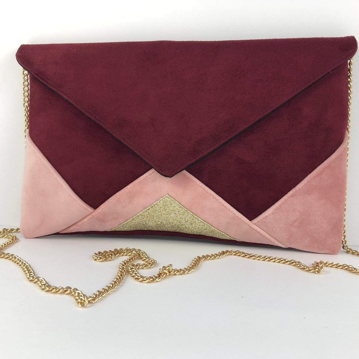 Fil des toiles Pochette Sac pochette pour femme bordeaux et rose clair et paillettes dorées