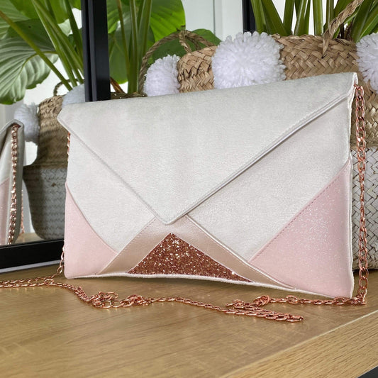 Sac pochette mariage blanc cassé, rose pâle et rose gold - Fil des toiles