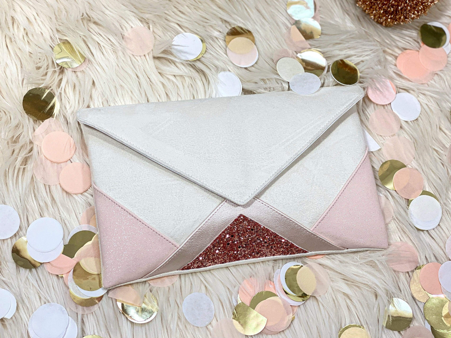 Fil des toiles Sac pochette mariage blanc cassé, rose pâle et rose gold