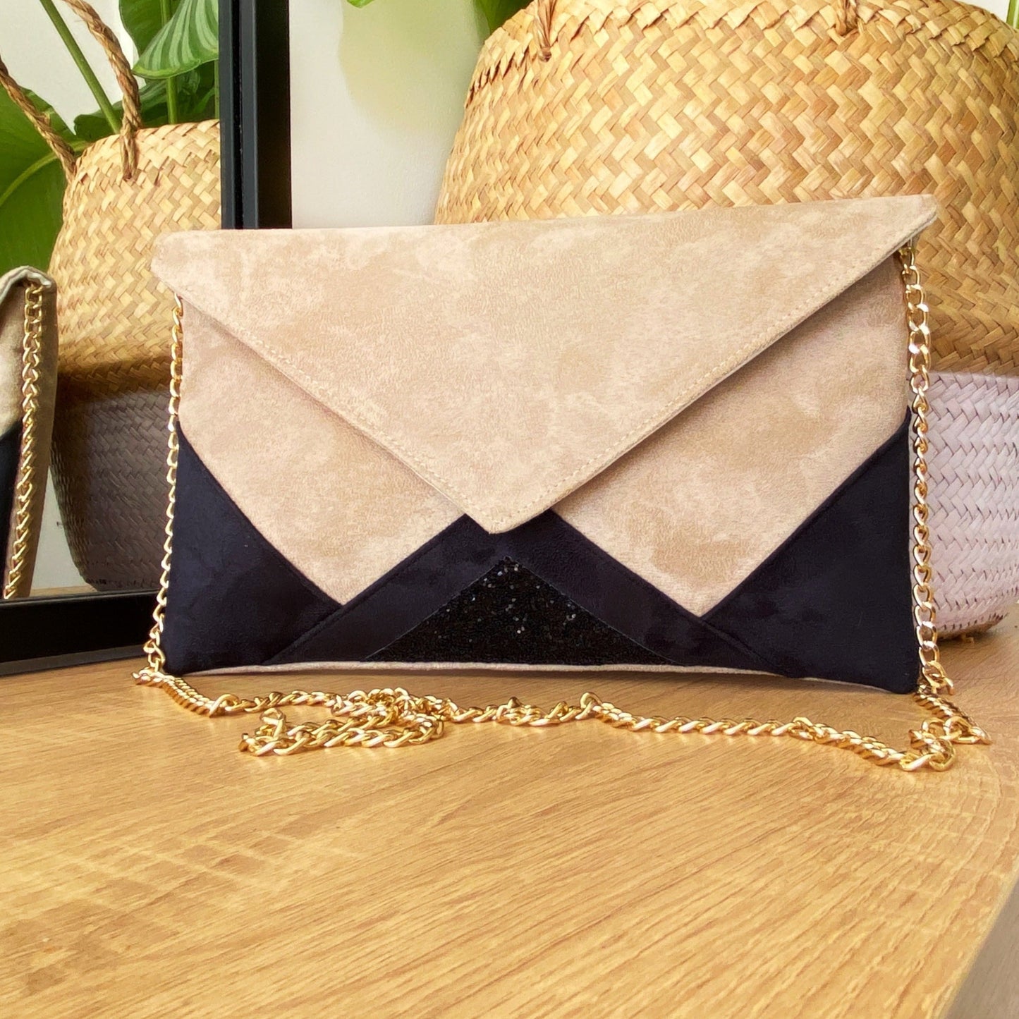 Pochette de soirée beige et noire - fil des toiles