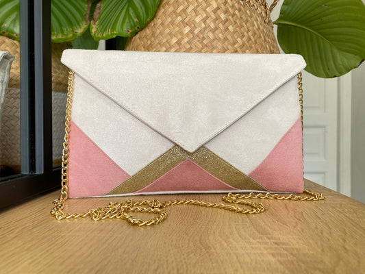 Pochette mariage en suédine crème et rose blush