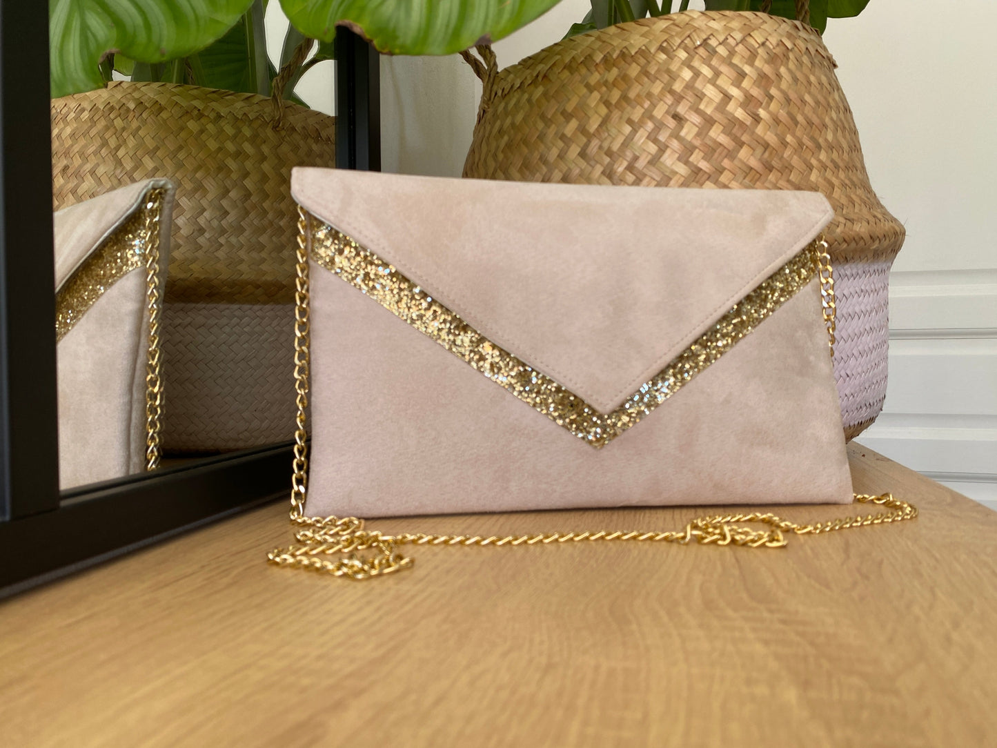 Sac pochette mariage beige et dorée