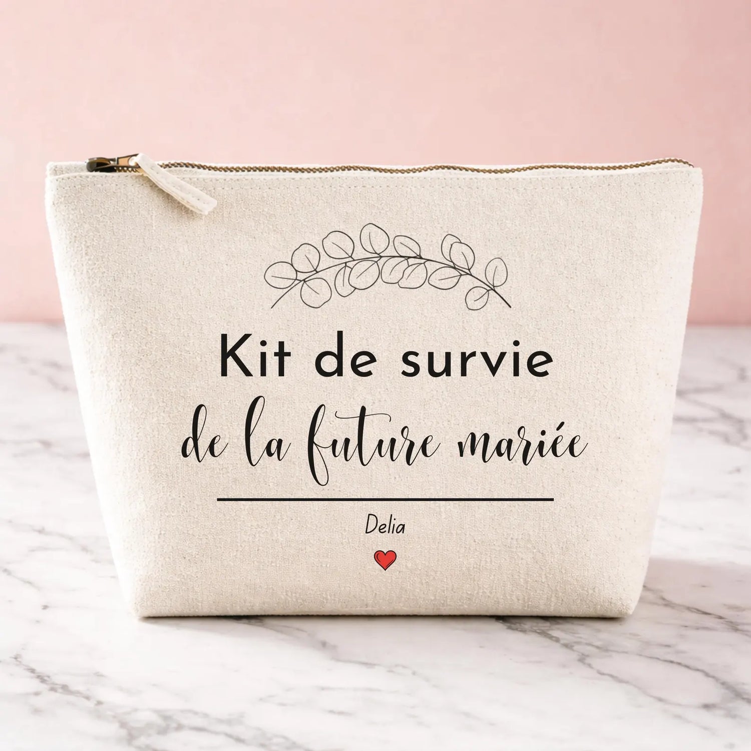 Trousse kit de survie future mariée personnalisée avec motif branche eucalyptus