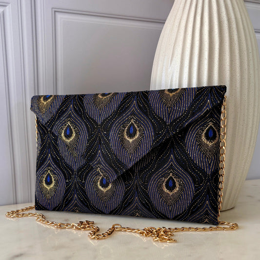 pochette de soirée en jacquard motif queue de paon - Fil des toiles