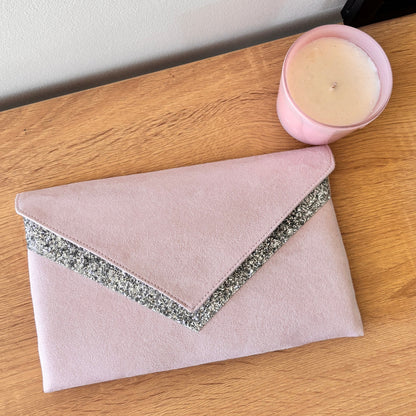 Sac pochette mariage rose poudré et argentée
