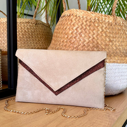 pochette mariage beige et paillettes marron avec chaîne dorée - fil des toiles