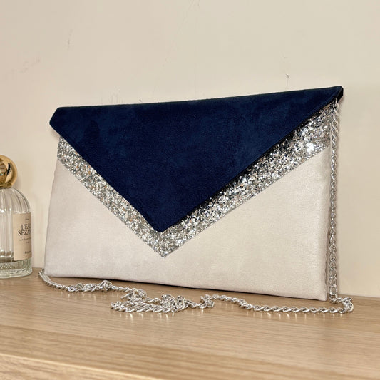 sac pochette mariage bleu marine et blanc , paillettes argentées - Fil des toiles