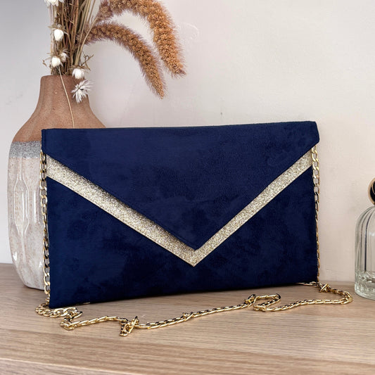 Sac pochette bleu marine et paillettes dorées