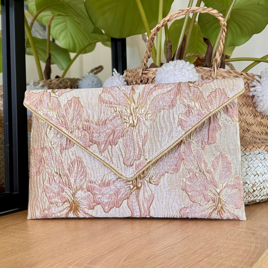 Pochette mariage rose poudré, nude, dorée en tissu brocart