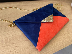 Pochette enveloppe bleu marine et orange, paillettes dorées