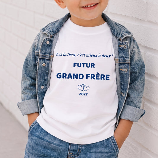 T-shirt enfant futur grand frère, inscription  « Les bêtises c'est mieux à deux », annonce grossesse personnalisée