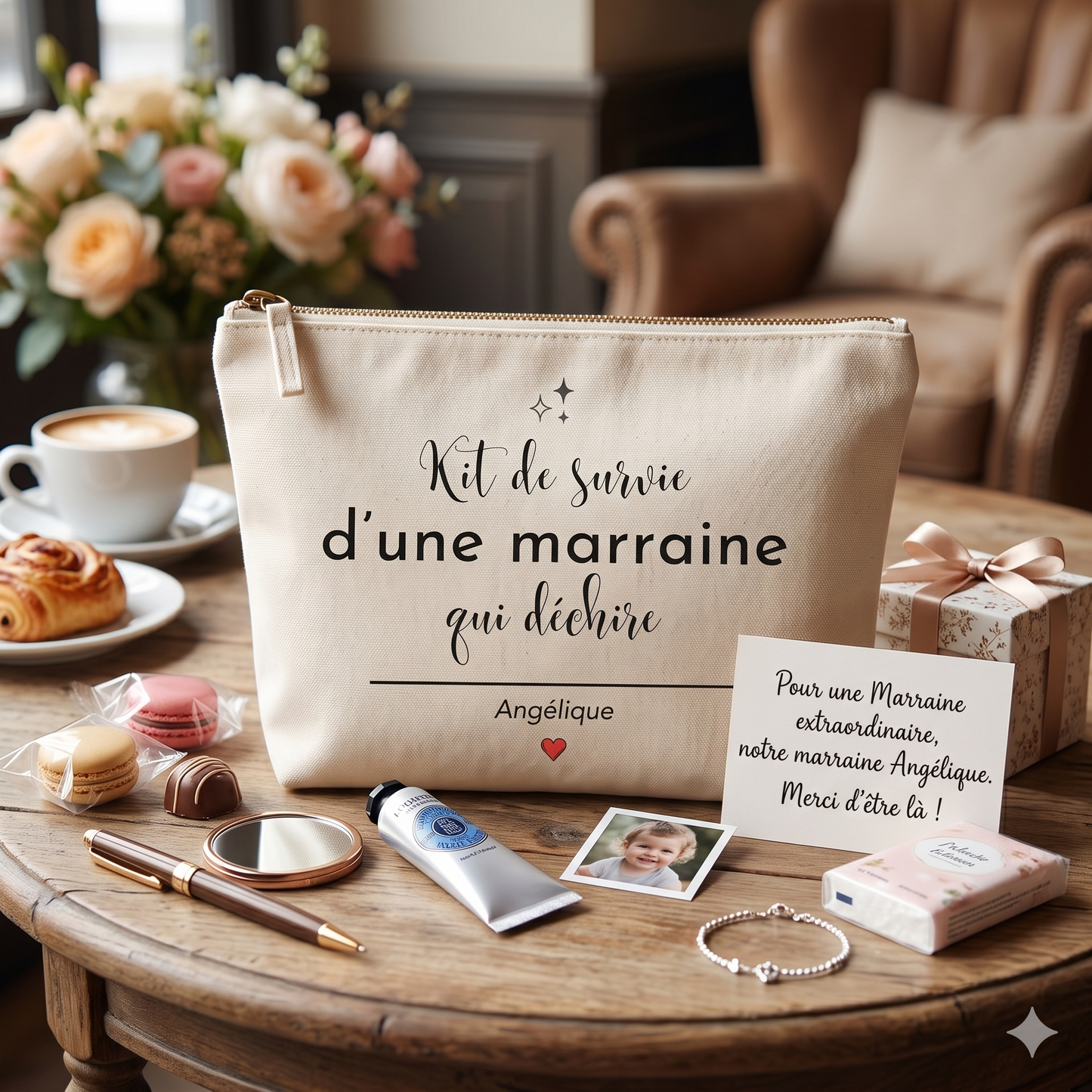 trousse kit de survie marraine personnalisée
